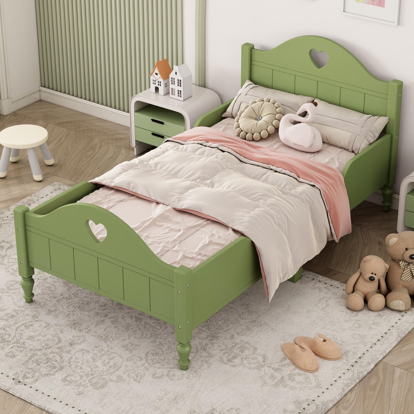 Twin Bed Frames for Girls, Princess Bed Platform No Box Spring Needed, Wood Twin Size Bed Frame with Headboard and Footboard, Side Safety Rails, Macaron Green