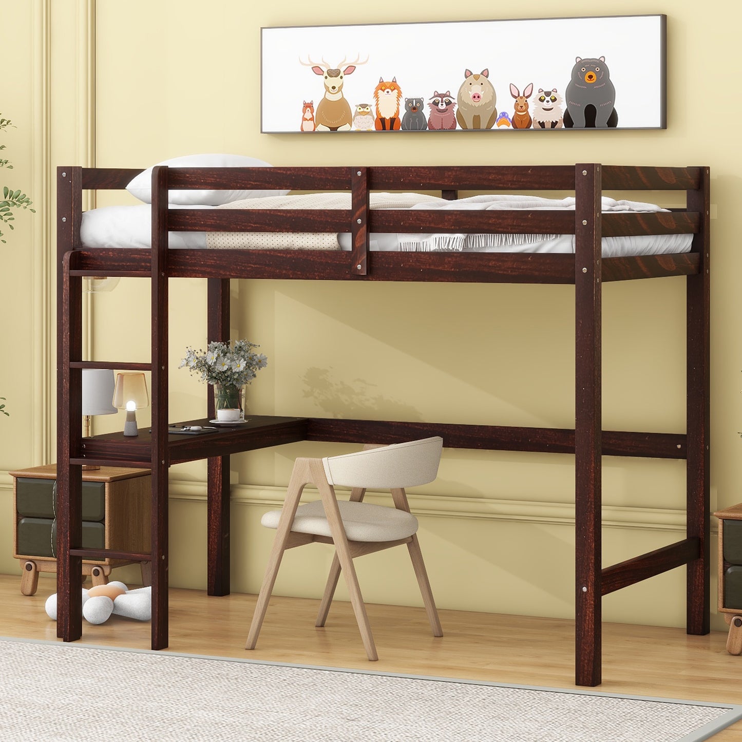 Twin Loft Bed with Desk, Wood Loft Bed with Safety Guardrails and Ladders, Space-Saving Twin Size Loft Bed Frame with L-Shaped Desktop, High Loft Bed for Kids Teens Boys Girls, Espresso