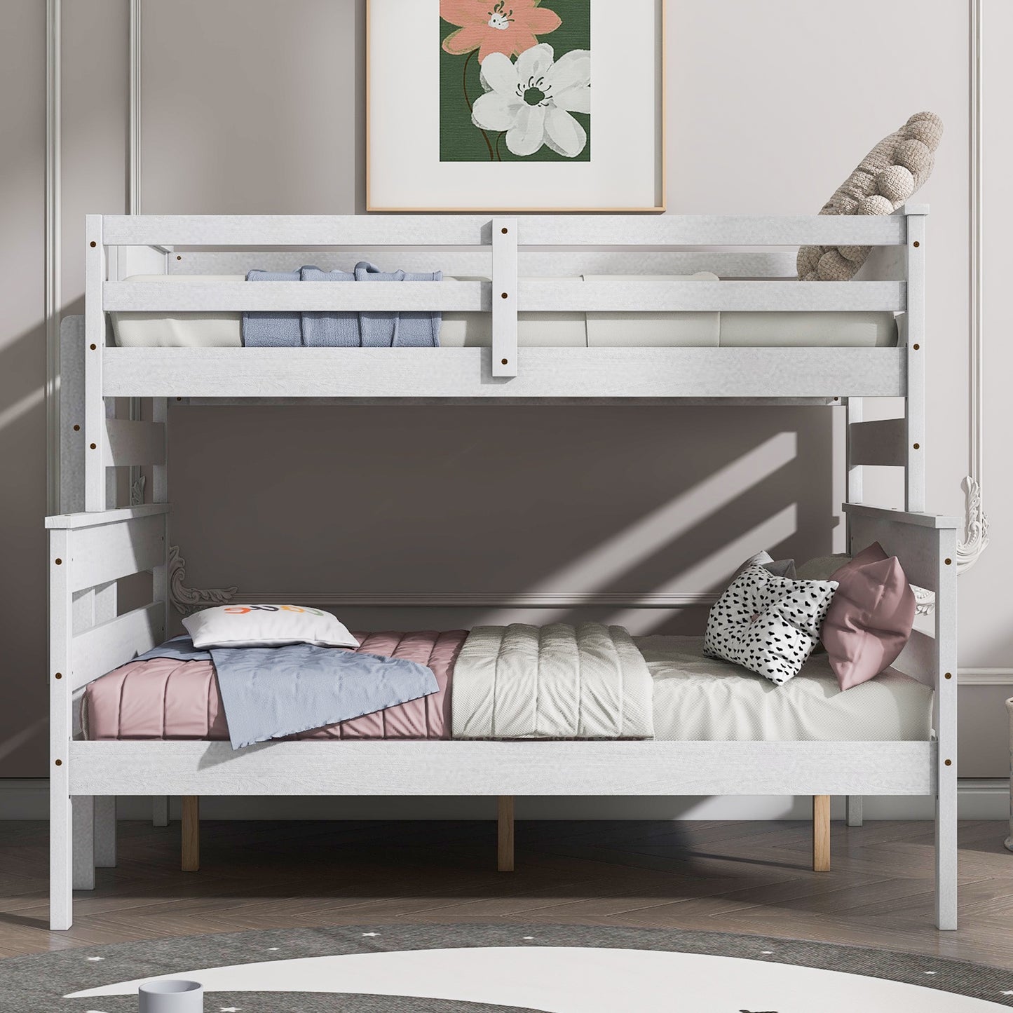 Twin Over Full Bunk Bed, Solid Wood Bunk Bed with Ladder, Can Be Separate a Twin Size Platform Bed and Full Size Bed, Modern Bunk Bed Frame for Kids Teens Boys Girls, Bunk Bed Twin Over Full, White