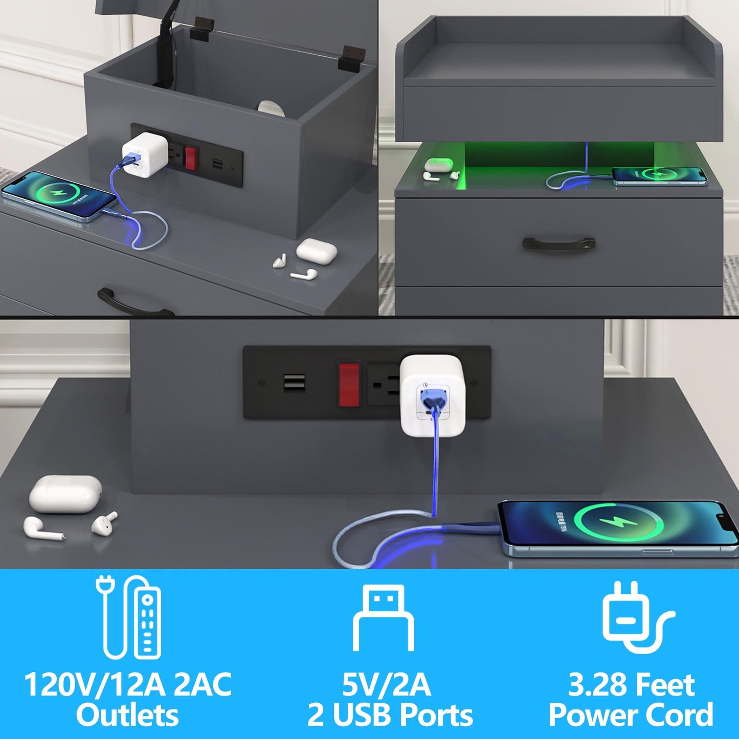 iRerts Side Table with Charging Station, Wood Nightstand with Drawers and LED Lights, Bedside Table with Plug Outlets, 2 USB Ports, Modern End Side Table for Bedroom Living Room Office, Gray