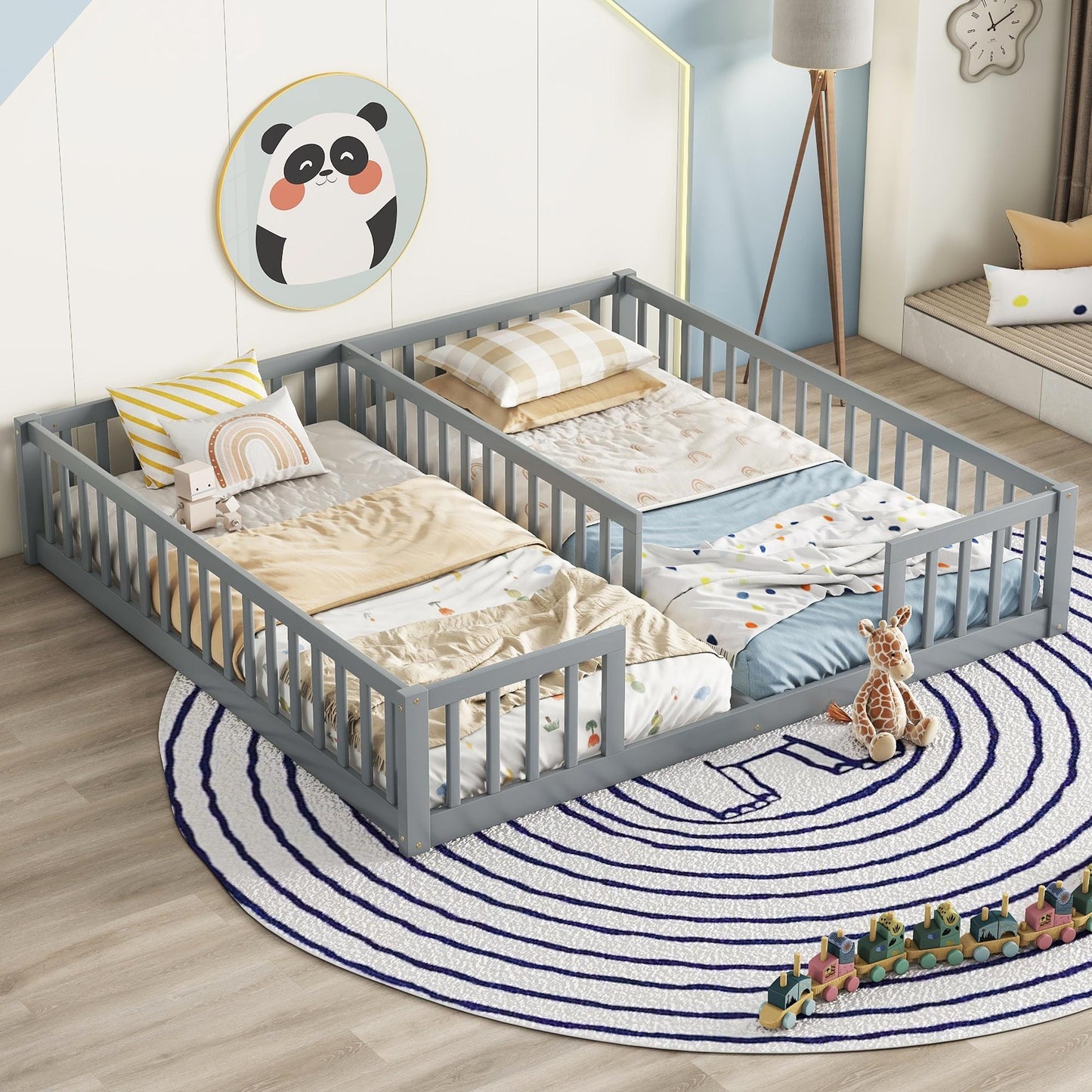 Double Montessori Twin Floor Bed with Fence, Double Twin Size Bed Frame for Kids Boys Girls, Natural