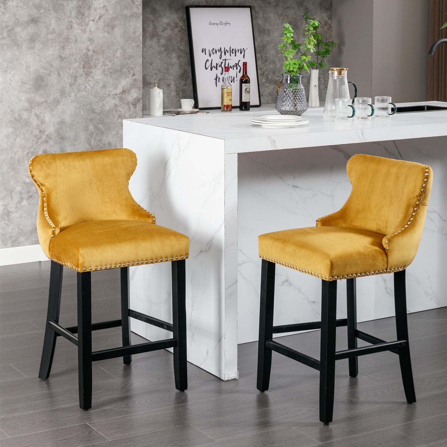 Velvet Barstools Set of 4, Contemporary Wing-Back Bar Chairs with Button Tufted and Chrome Nailhead Trim, Leisure Upholstered Bar Height Bar Stools with Wooden Legs, Beige