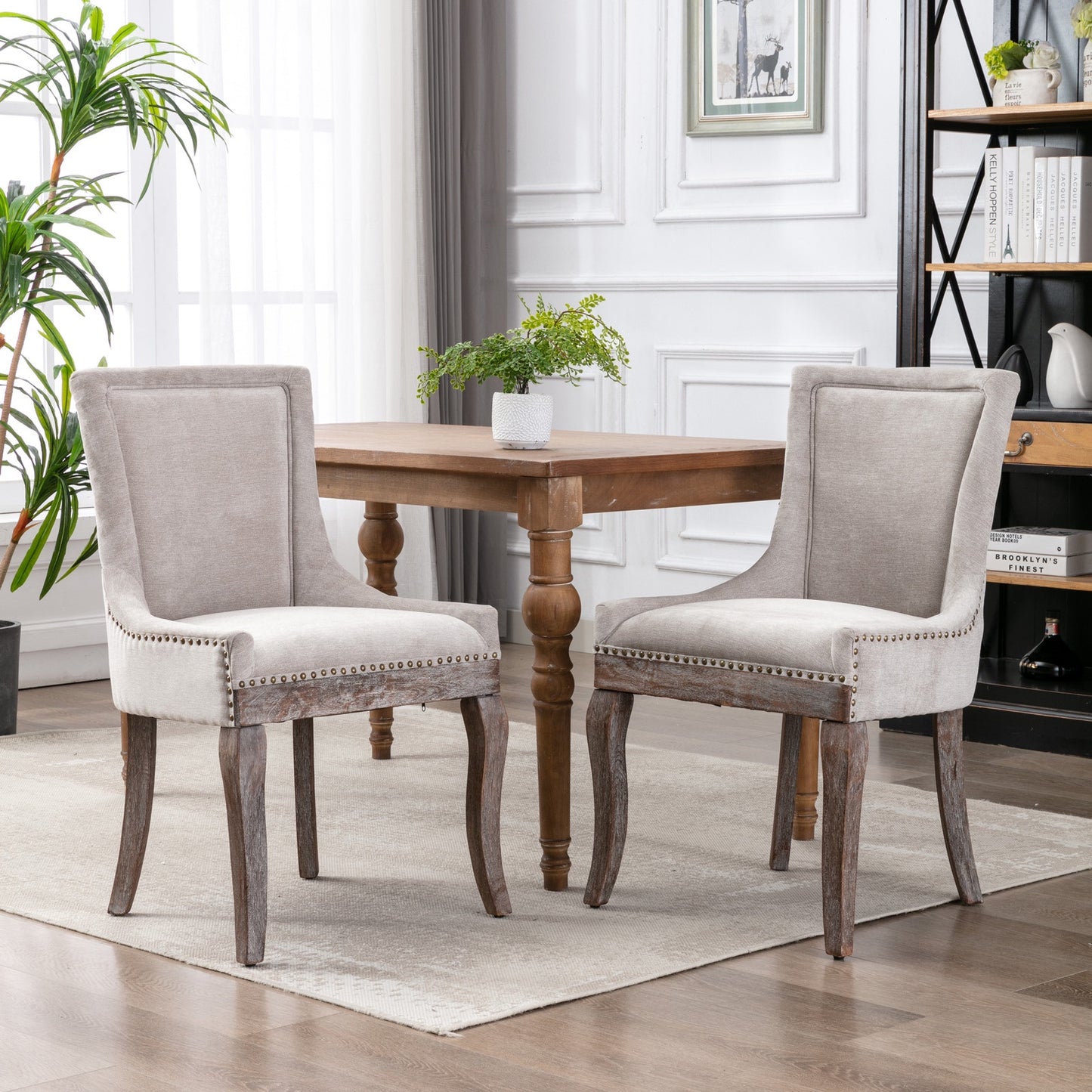 Upholstered Dining Chairs Set of 2, Ultra Side Dinning Chairs with Bronze Nailhead and Solid Wood Legs, Classic Dinner Chair for Living Room Kitchen, Beige