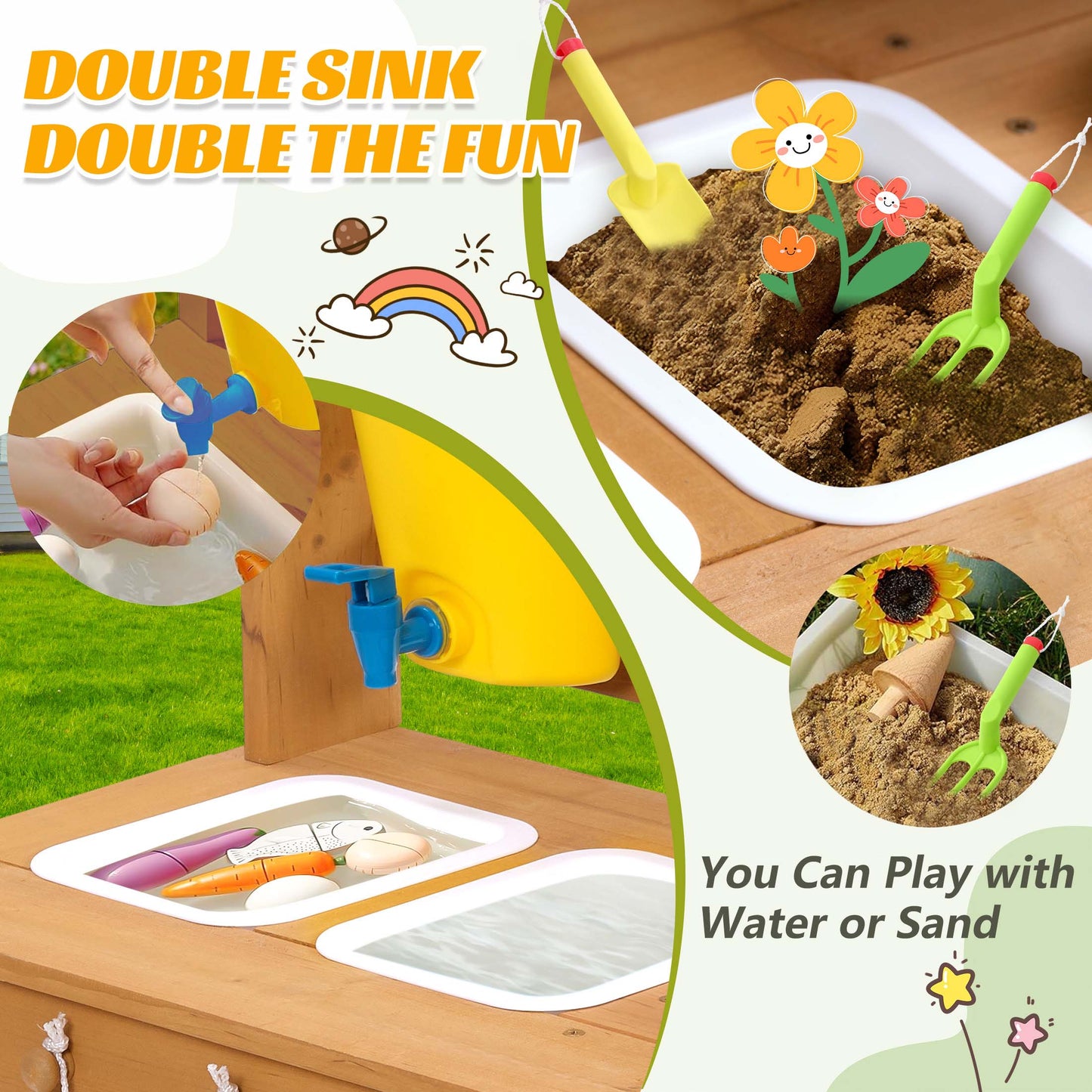 Legahome Kitchen Toys for Boys Girls Kids, Wooden Outdoor Mud Kitchen Kids Kitchen Playset Kids Play Kitchen Toy Set with Sand and Water Pan, Play Sink, Pretend Toy Kitchen Set for Kids Birthday Gifts