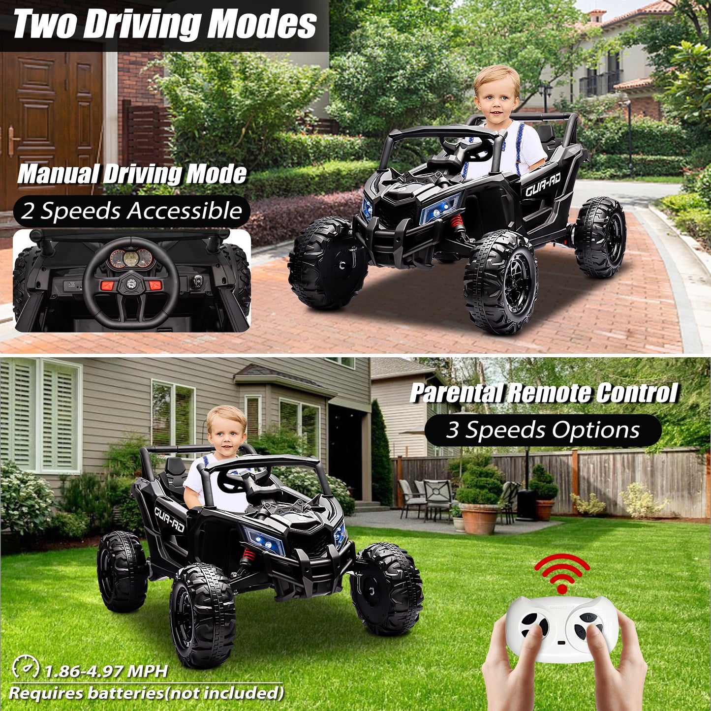 Powered Ride on Toy UTV for Boys, 24 Volt Ride on Cars with Remote Control, Bluetooth, Music Player, Spring Suspension, LED Lights, Larger Seat 4 Wheeler Electric Cars for Kids Girls Gifts, Black