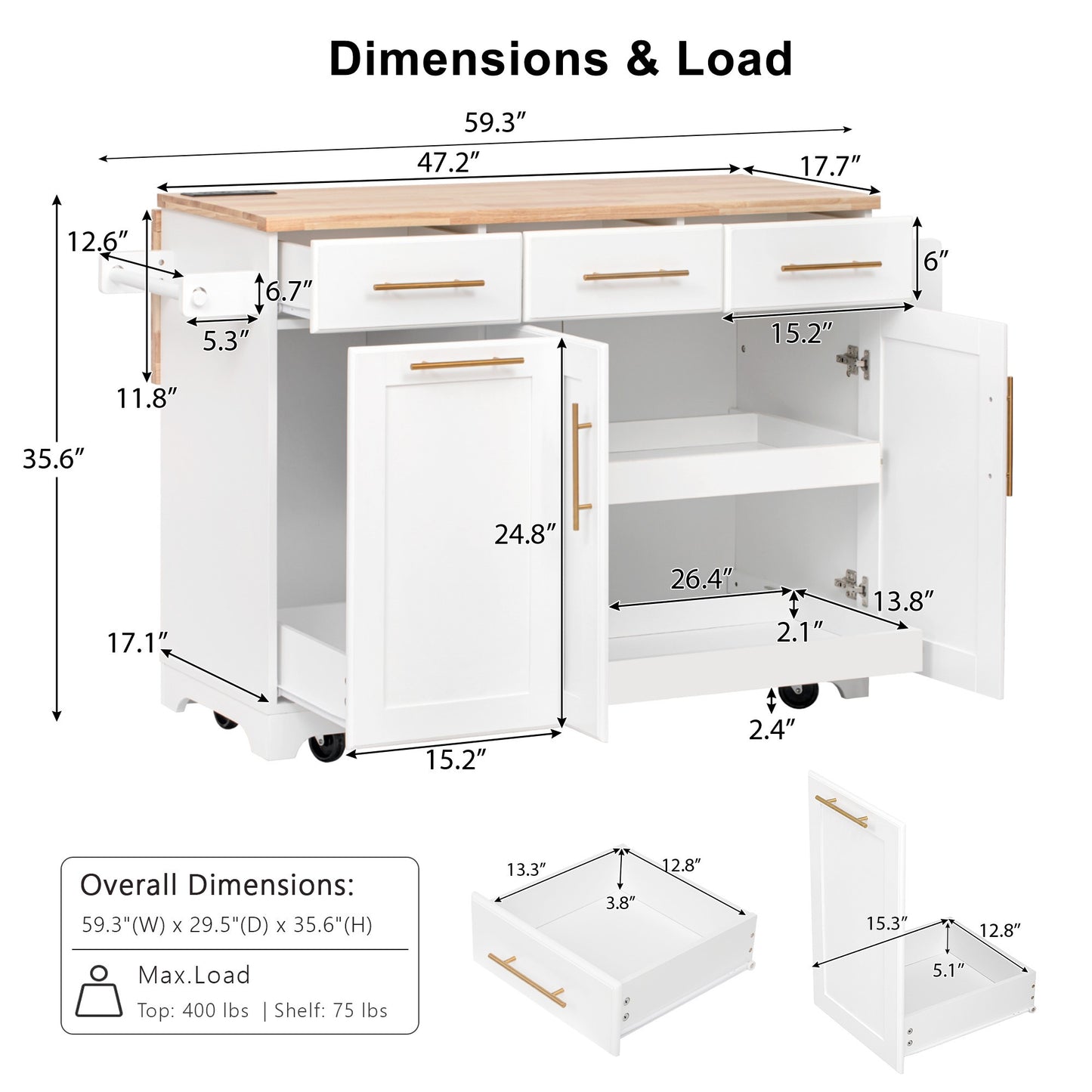 LEGAHOME 59.3” Kitchen Island with Rubberwood Drop-Leaf Top