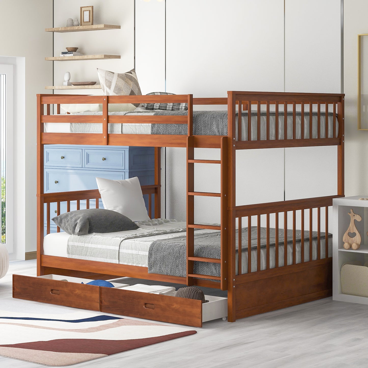 White Full Over Full Bunk Bed with Storage, Modern Solid Wood Bunk Bed Frame with Ladder and 2 Drawers, Can Be Divided Into 2 Beds, Full Size Bunk Bed for Kids Boys Girls Teens, 80" x 58.7" x 64.6"