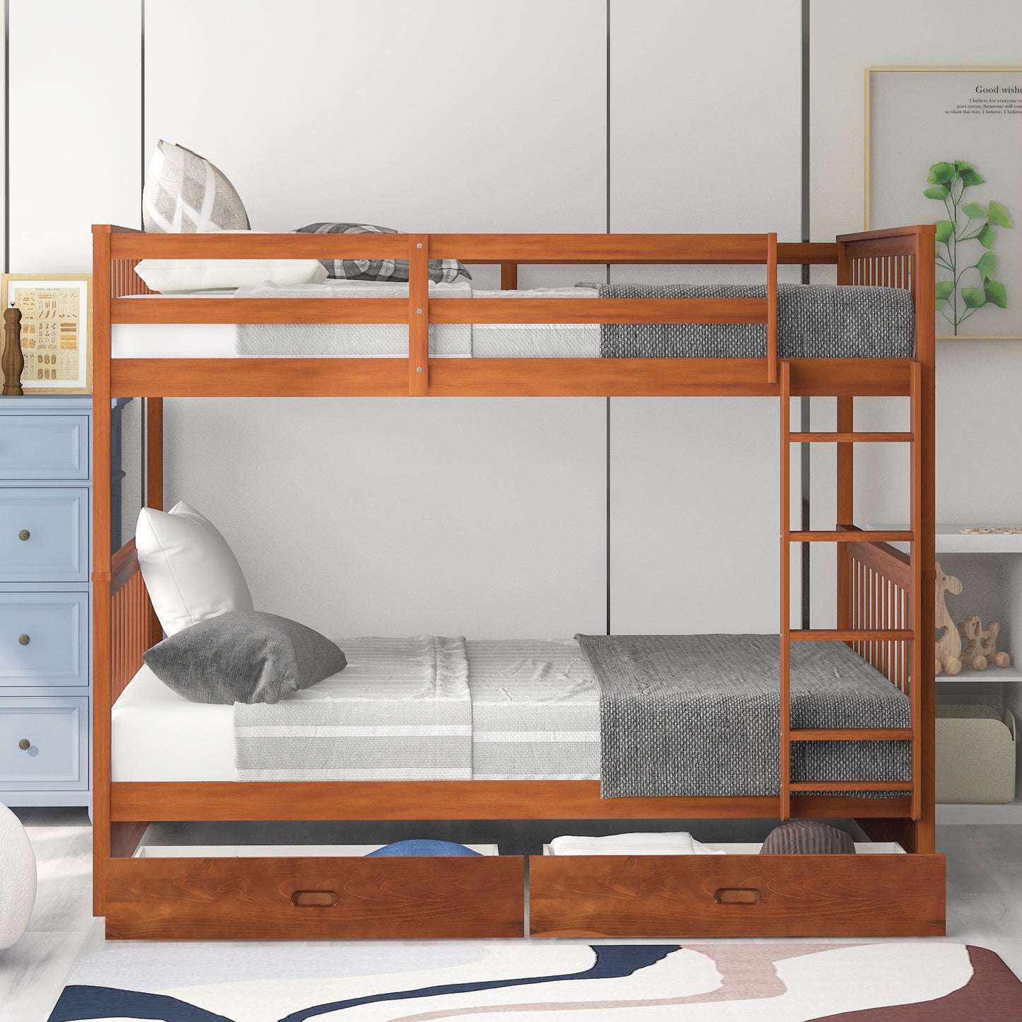 White Full Over Full Bunk Bed with Storage, Modern Solid Wood Bunk Bed Frame with Ladder and 2 Drawers, Can Be Divided Into 2 Beds, Full Size Bunk Bed for Kids Boys Girls Teens, 80" x 58.7" x 64.6"