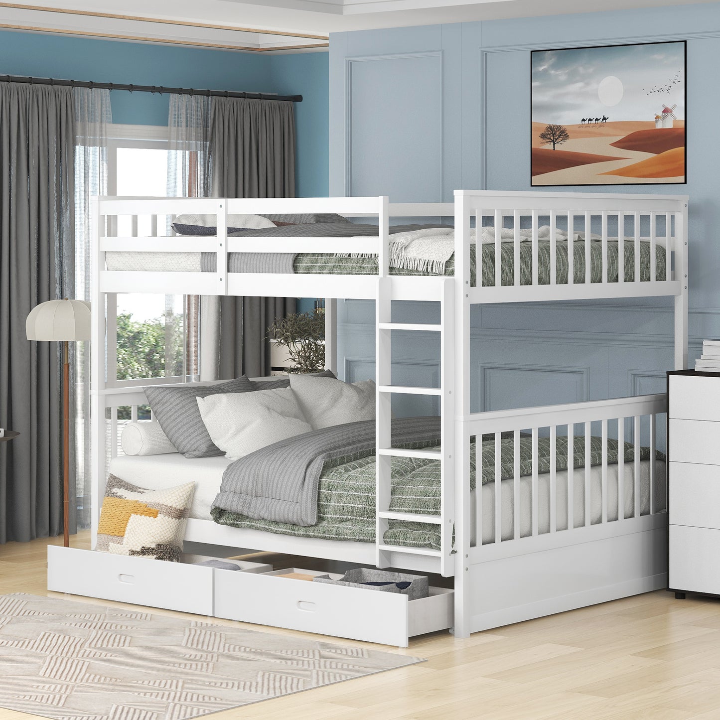 White Full Over Full Bunk Bed with Storage, Modern Solid Wood Bunk Bed Frame with Ladder and 2 Drawers, Can Be Divided Into 2 Beds, Full Size Bunk Bed for Kids Boys Girls Teens, 80" x 58.7" x 64.6"