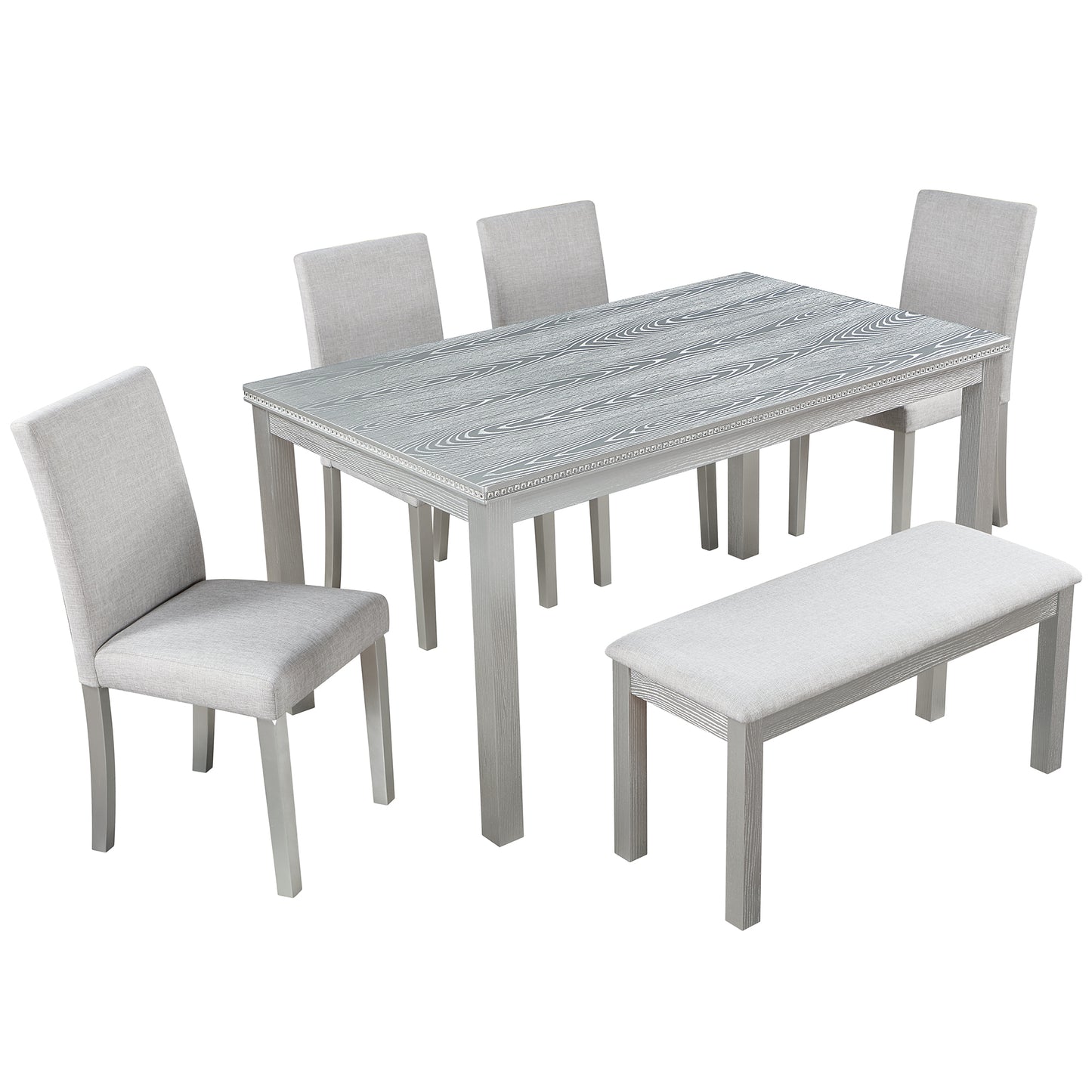 6 Piece Dining Room Set, Farmhouse Rubber Wood Dining Table Set for 6