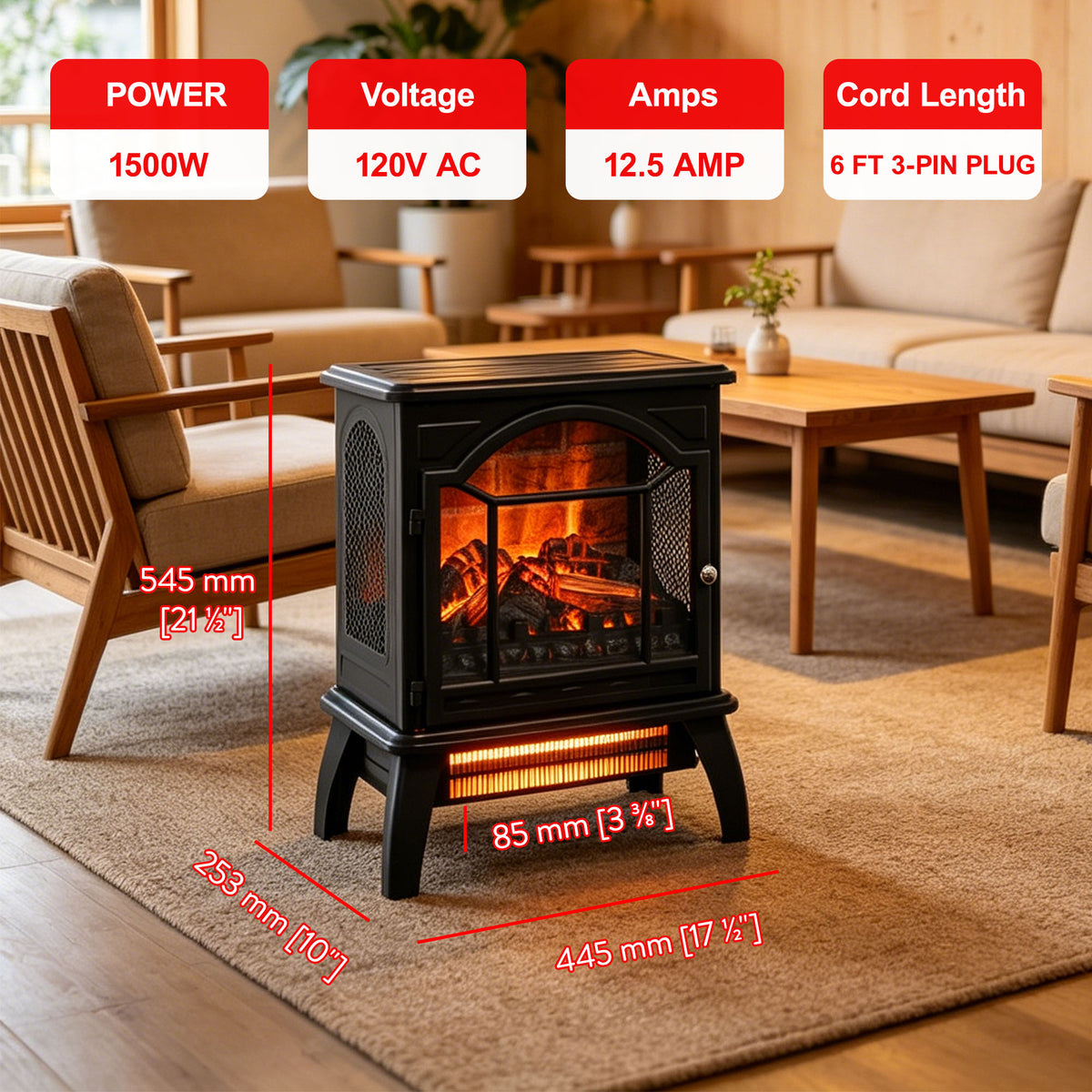 Electric Fireplace Heater, Legahome 18'' Freestanding Fireplace Heater Stove with Remote Control, 3D Flame Effect, Adjustable Brightness, Temp Control and Timer, Brick Background