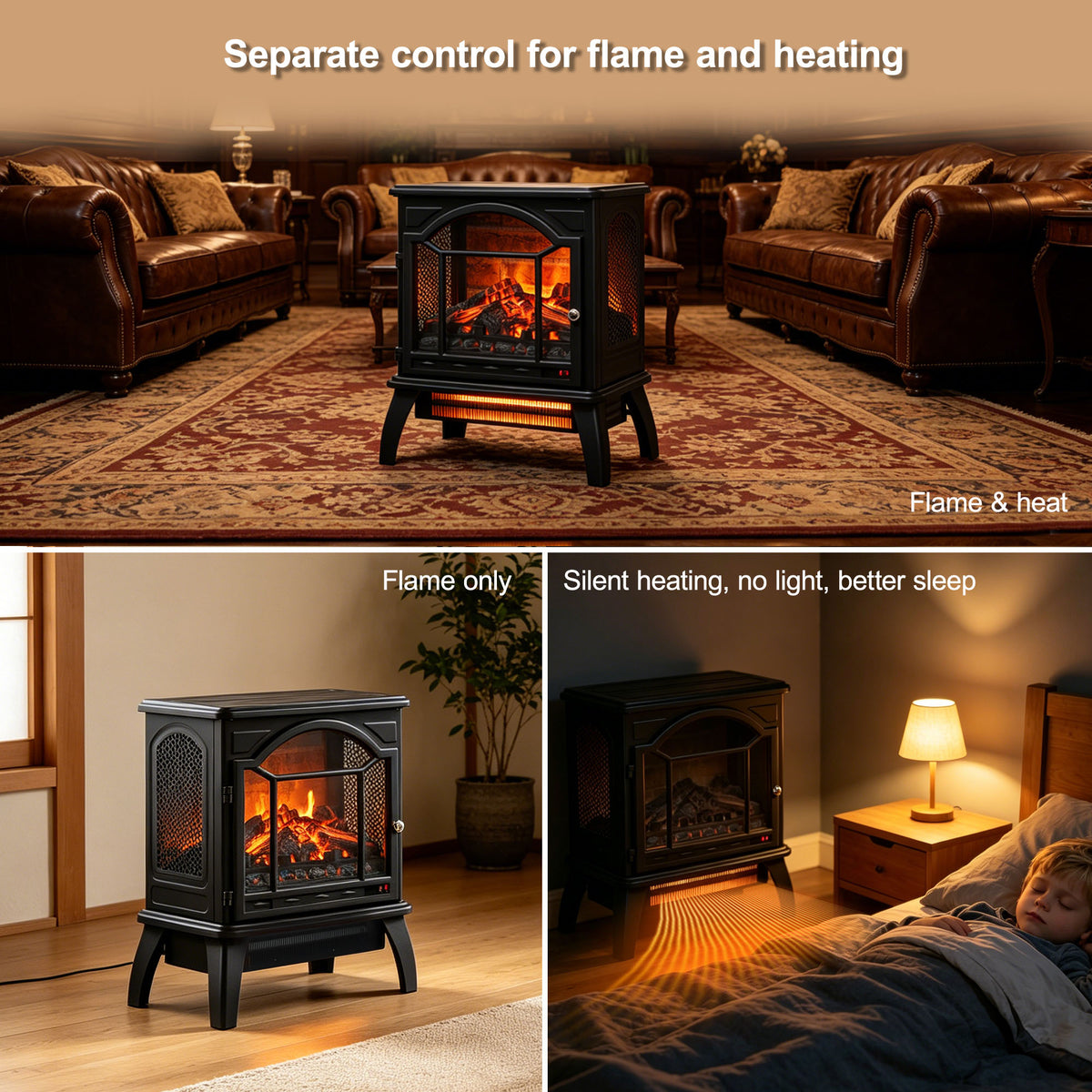 Electric Fireplace Heater, Legahome 18'' Freestanding Fireplace Heater Stove with Remote Control, 3D Flame Effect, Adjustable Brightness, Temp Control and Timer, Brick Background