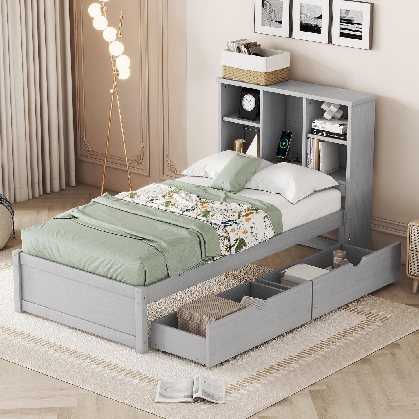 Twin Storage Bed with Bookcase Headboard, Twin Size Captain Bed Frame, with 2 Drawers and Charging Station, Twin Bed Frame with Storage