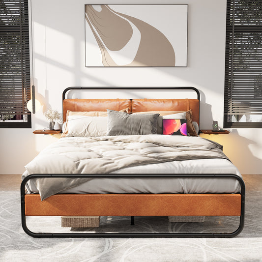 Metal Queen Size Platform Bed, Modern Bed Frame with Upholstered Headboard, Built-In Wireless Charging, USB Ports, LED Touch Light, Oval Platform Bed with Under-Bed Storage