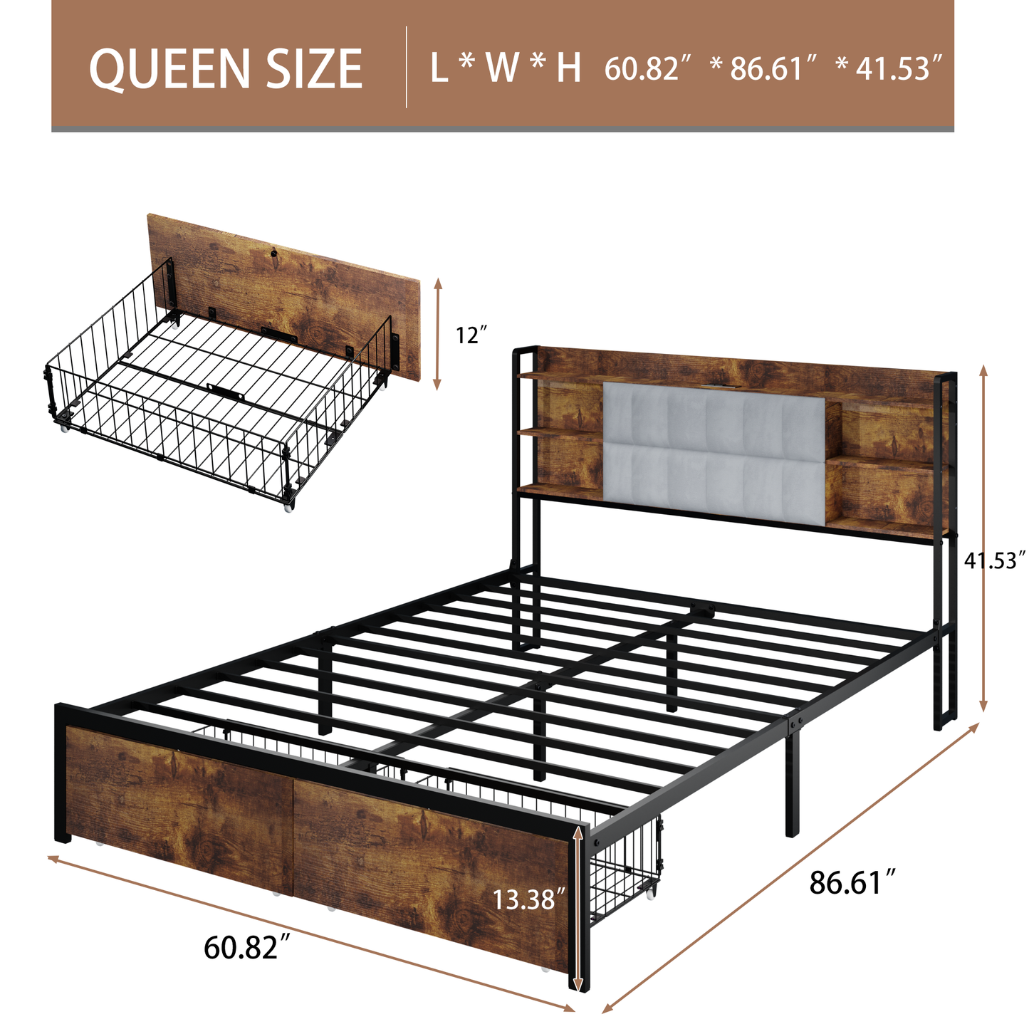 Queen Size Bed Frame with LED Lights Headboard, Upholstered Metal Platform Bed with 2 Storage Drawers and Charging Station