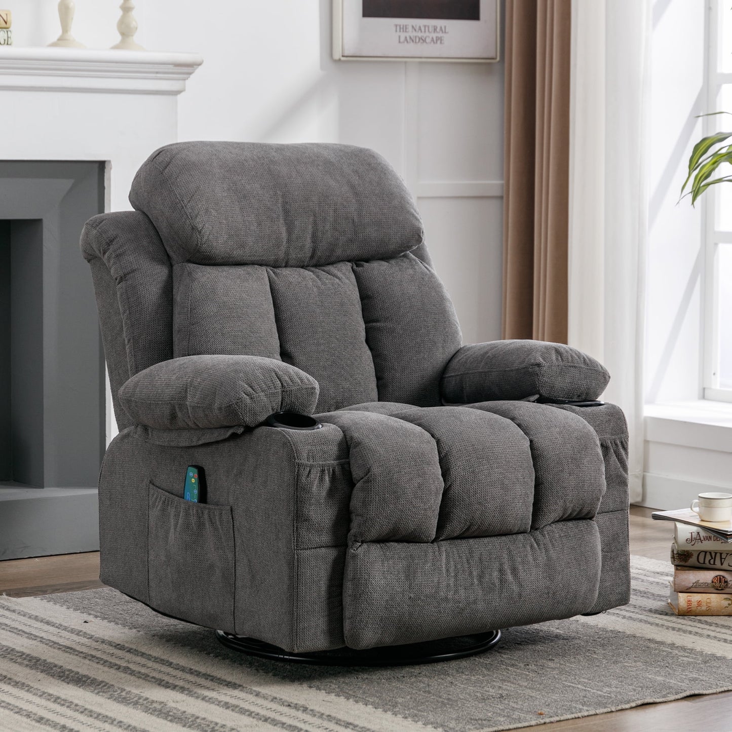 Rocker Recliner, Swivel Rocker Recliner Chair with Heat and Massage, Massage Recliner Chair for Living Room, Elderly Single Lounge Chair for Nursery Living Room Home Theater Office, Brown