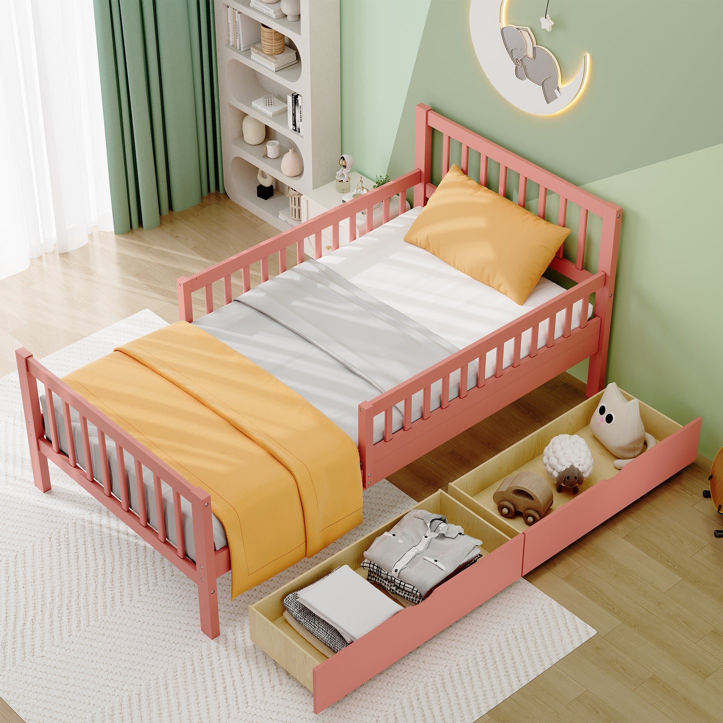 Twin Size Platform Bed Frame, Wood Twin Bed with 2 Storage Drawers and Guardrails on Both Sides