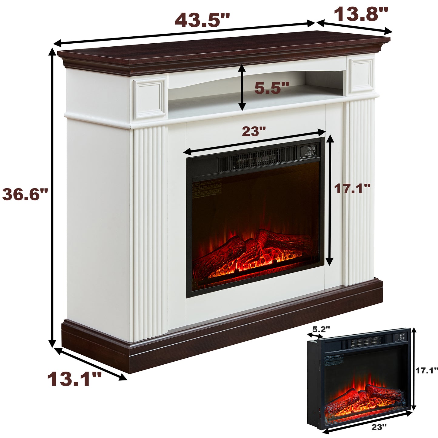 43''W Electric Fireplace with Mantel, 23'' Freestanding Fireplace Heater with Adjustable Flame, TV Stand for 50 inch TV, Living Room Bedroom, 1400W, White
