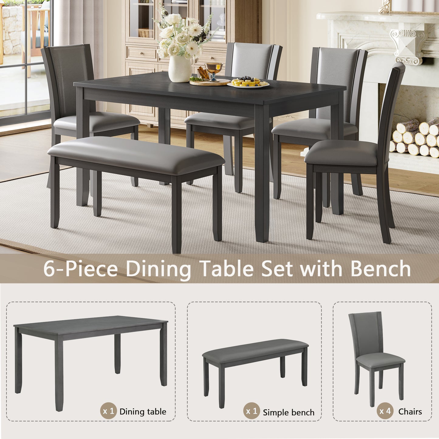 5 Piece Dining Room Set, Farmhouse Rubber Wood Dining Table Set for 4, Kitchen Table Set for Breakfast Nook, Modern Kitchen Furniture with Rectangular Table & 4 Chairs, Antique Oak