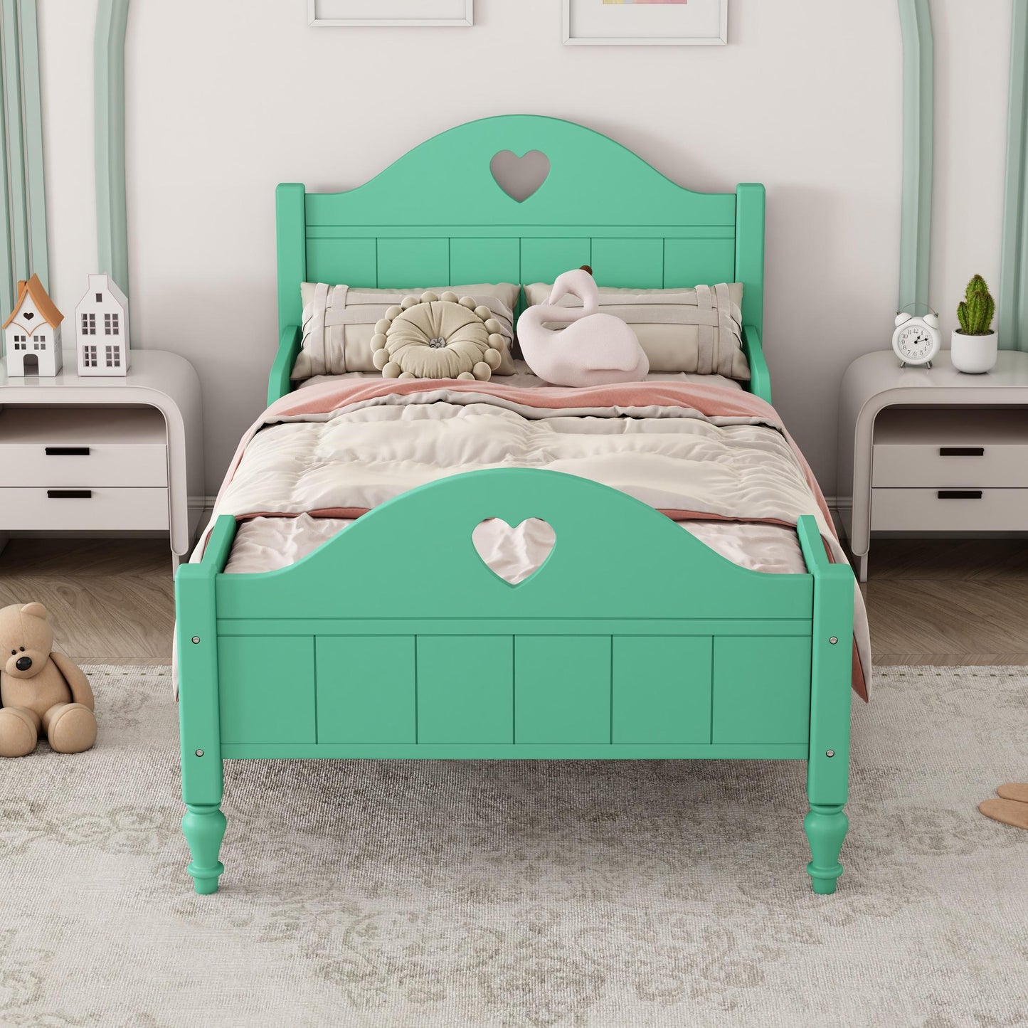 Twin Bed Frames for Girls, Princess Bed Platform No Box Spring Needed, Wood Twin Size Bed Frame with Headboard and Footboard, Side Safety Rails, Macaron Green