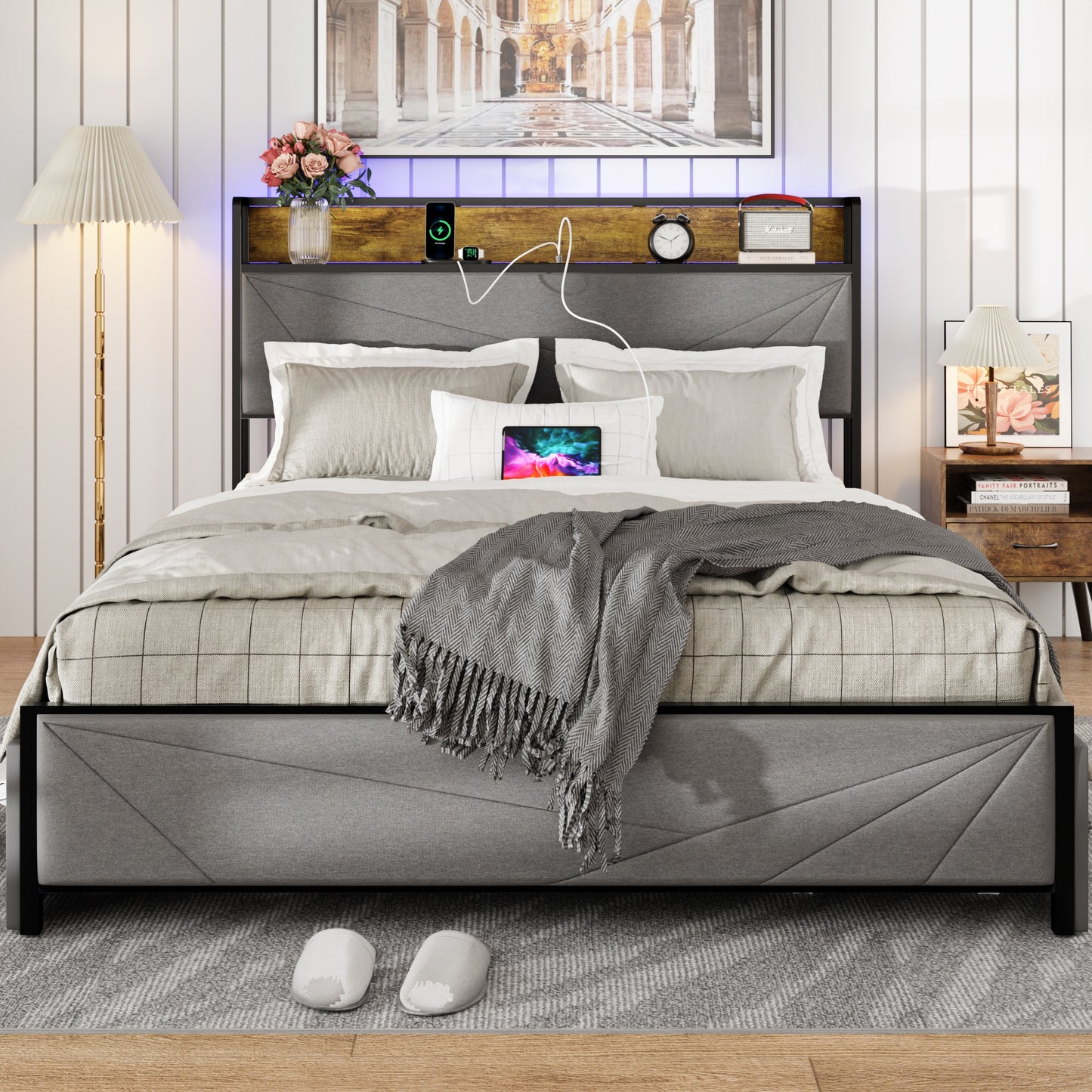 Full Size Upholstered Bed Frame with 4 Drawers, Modern Platform Bed with Storage Headboard and USB Ports, Sturdy Metal Slat Support, No Box Spring Needed, Dark Grey