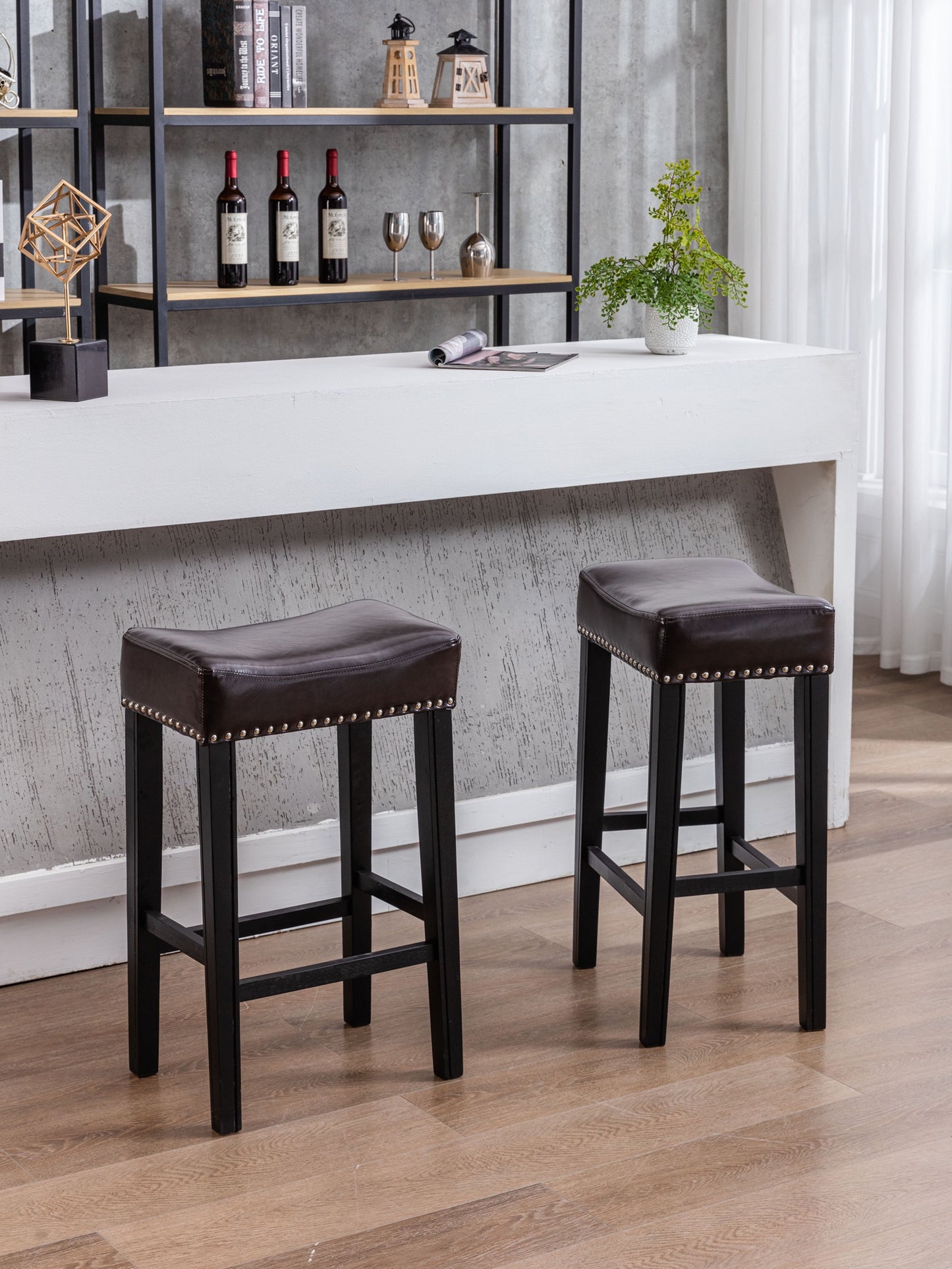 29" Bar Stools Set of 2, Faux Leather Backless Counter Height Barstools, Farmhouse Island Chairs for Kitchen, Brown