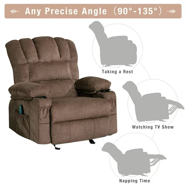 LegaHome Massage Recliner Chair, Brown Fabric Manual Reclining Sofa with Heat Therapy, Massage Function, Rocking Function, Cup Holder and Side Pocket, Heavy Duty Rocker Sofa for Elderly Home Theater