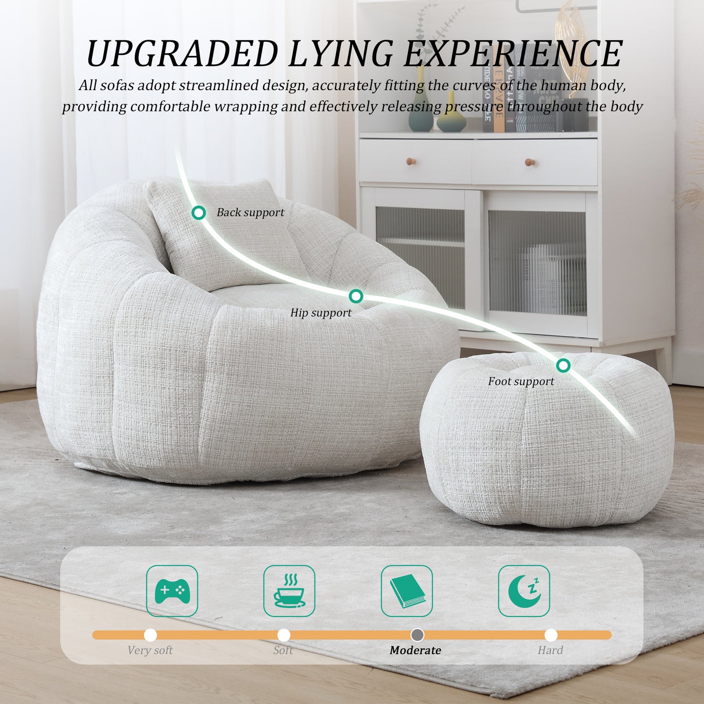 Bean Bag Chair with Ottoman, Legahome Large Bean Bag for Adult, Chenille Lazy Floor Sofa with Pillow, Pumpkin Shaped Bean Bag Chair, Reading Chair for Living Room, Bedroom, Beige