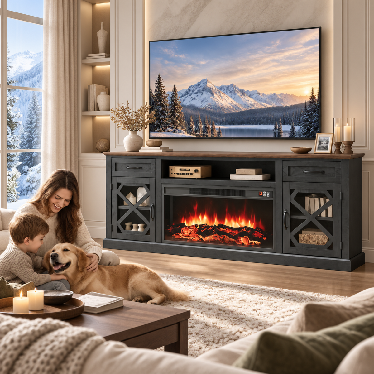 Fireplace TV Stand, LEGAHOME 70in TV Stand with 30in Fireplace for 80 inch TVs, Farmhouse Entertainment Center for Living Room, 500Sqt Heating Area, Black