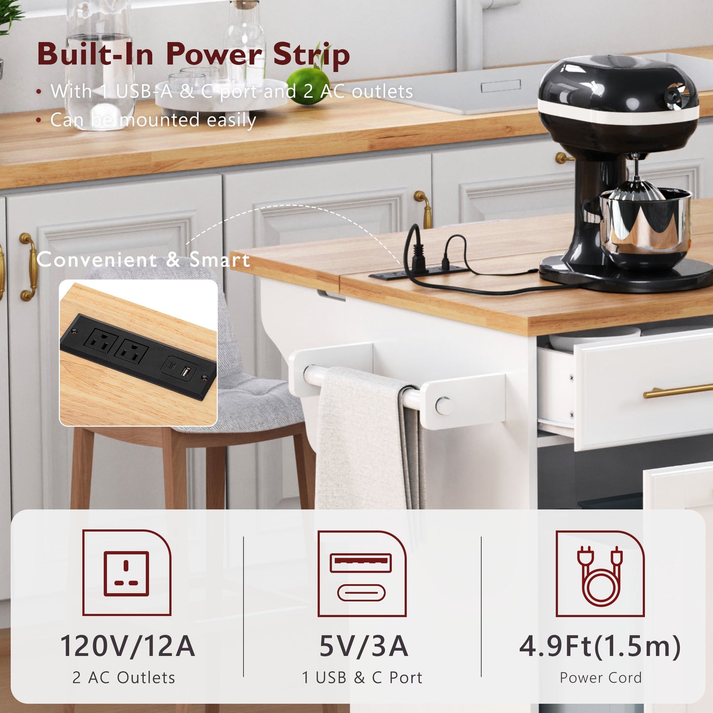 LEGAHOME 59.3” Kitchen Island with Rubberwood Drop-Leaf Top