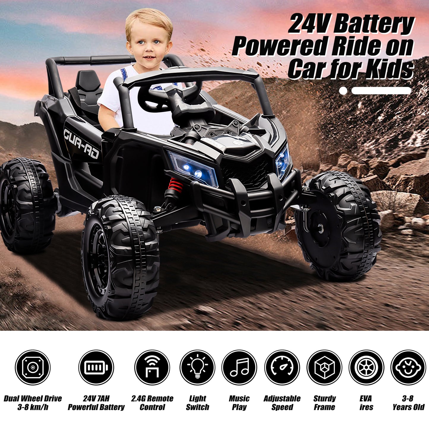 Powered Ride on Toy UTV for Boys, 24 Volt Ride on Cars with Remote Control, Bluetooth, Music Player, Spring Suspension, LED Lights, Larger Seat 4 Wheeler Electric Cars for Kids Girls Gifts, Black