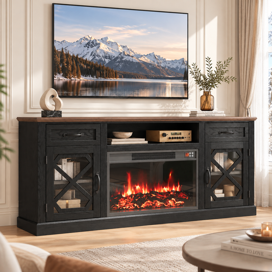 Fireplace TV Stand, LEGAHOME 70in TV Stand with 30in Fireplace for 80 inch TVs, Farmhouse Entertainment Center for Living Room, 500Sqt Heating Area, Black