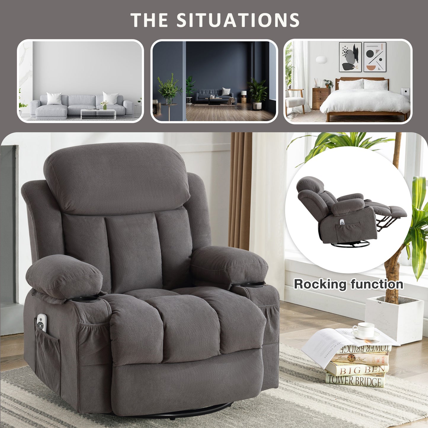 24.4in Rocker Recliner with Massage and Heat, Manual Swivel Rocker Recliner Chair for Living Room, Velvet Glider Rocking Recliner for Adults, Home Theater Message Recliner with Footrest