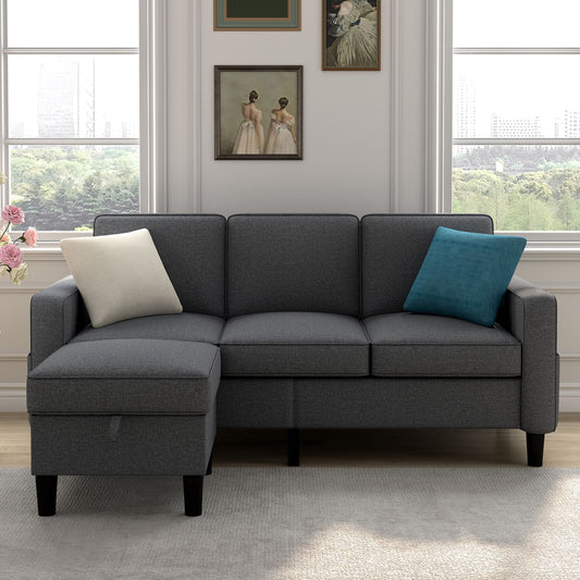 Convertible Sectional Sofa with Storage Ottoman, Modern 3 Seater Modular Sectional Couch, Dark Gray