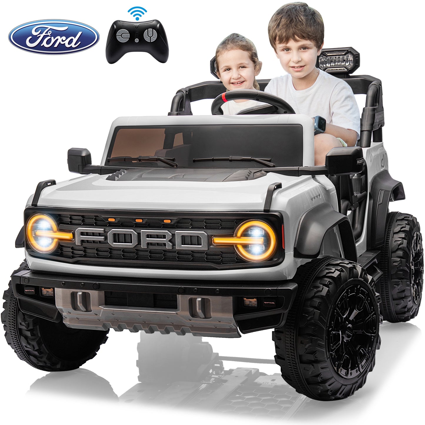 24V 2 Seater Ride on Toy Car, Licensed Ford Bronco Raptor Ride on Trucks with Remote Control, Bluetooth Music Player, Spring Suspension, Battery Powered Electric Car for Kids Boys Girl Ages 3-8, White