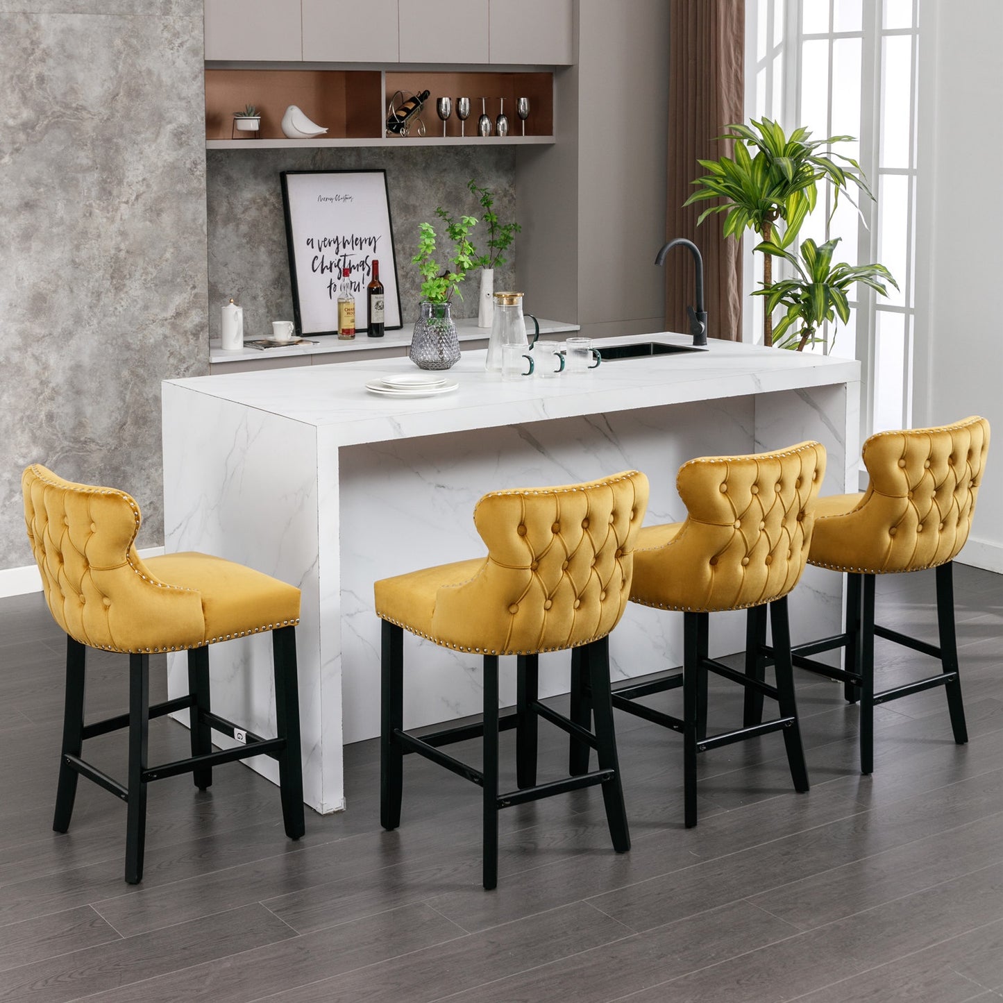 Velvet Barstools Set of 4, Contemporary Wing-Back Bar Chairs with Button Tufted and Chrome Nailhead Trim, Leisure Upholstered Bar Height Bar Stools with Wooden Legs, Beige