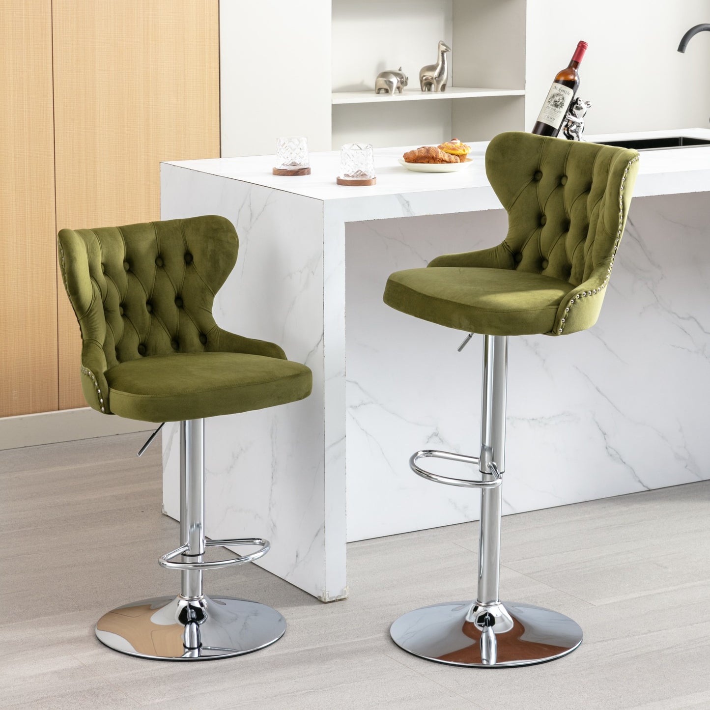 Swivel Bar Stools Set of 2, Adjustable Velvet Counter Height Bar Stools with Tufted Back and Chrome Base,Olive-Green