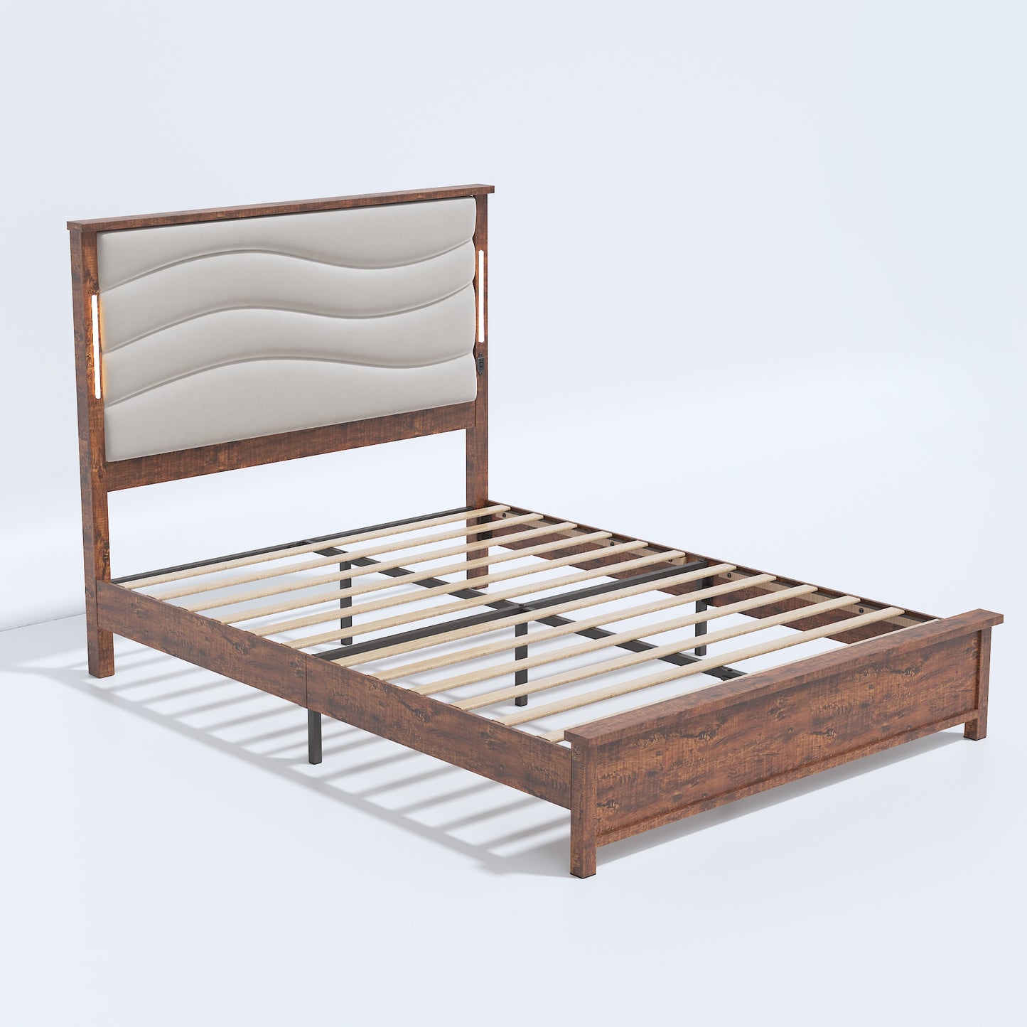 Queen Size Platform Bed Frame with Upholstered Headboard, Wood Modern Queen Bed Frame with Built-in Charging and LED Lights