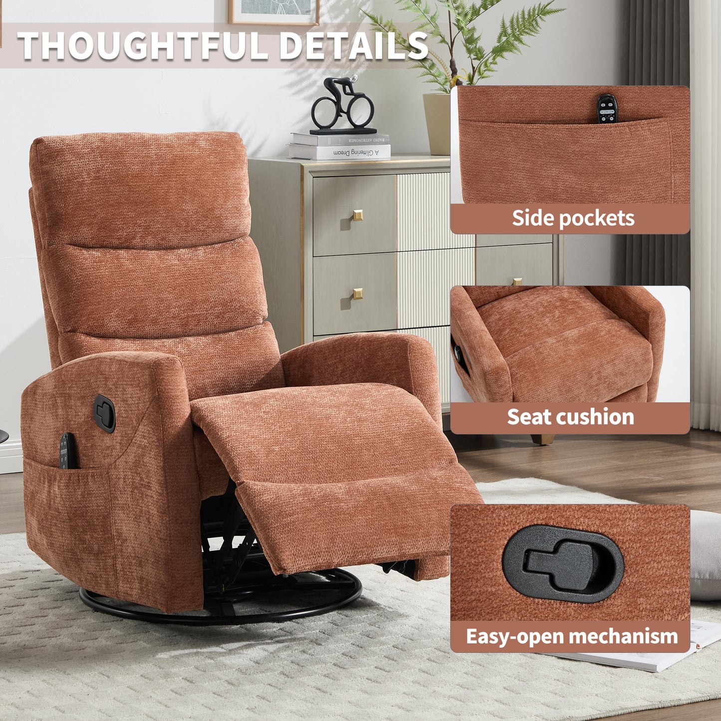 Swivel Rocker Recliner, 360° Swivel Glider Chair with Heat and Massage, Manual Recliner Nursery Chair with Side Pockets for Living Room, PU Leather, Red