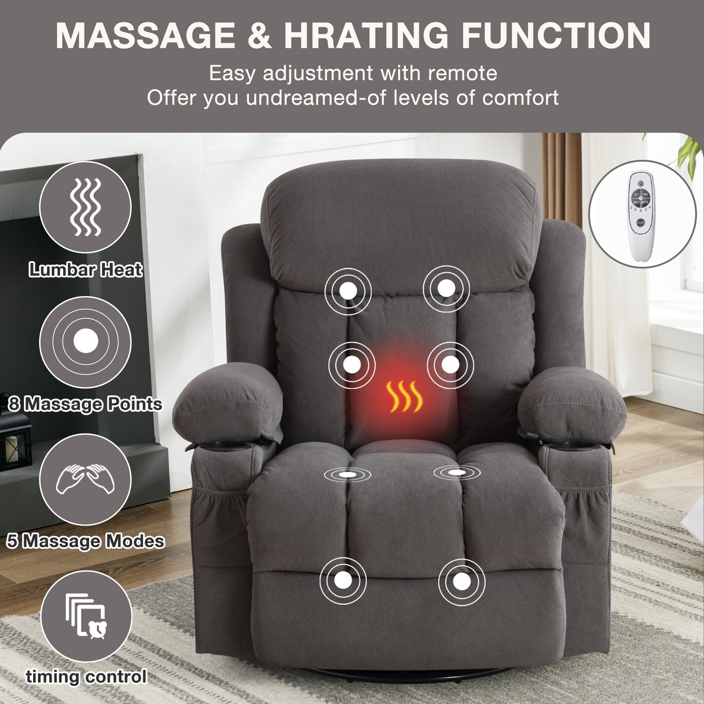 24.4in Rocker Recliner with Massage and Heat, Manual Swivel Rocker Recliner Chair for Living Room, Velvet Glider Rocking Recliner for Adults, Home Theater Message Recliner with Footrest
