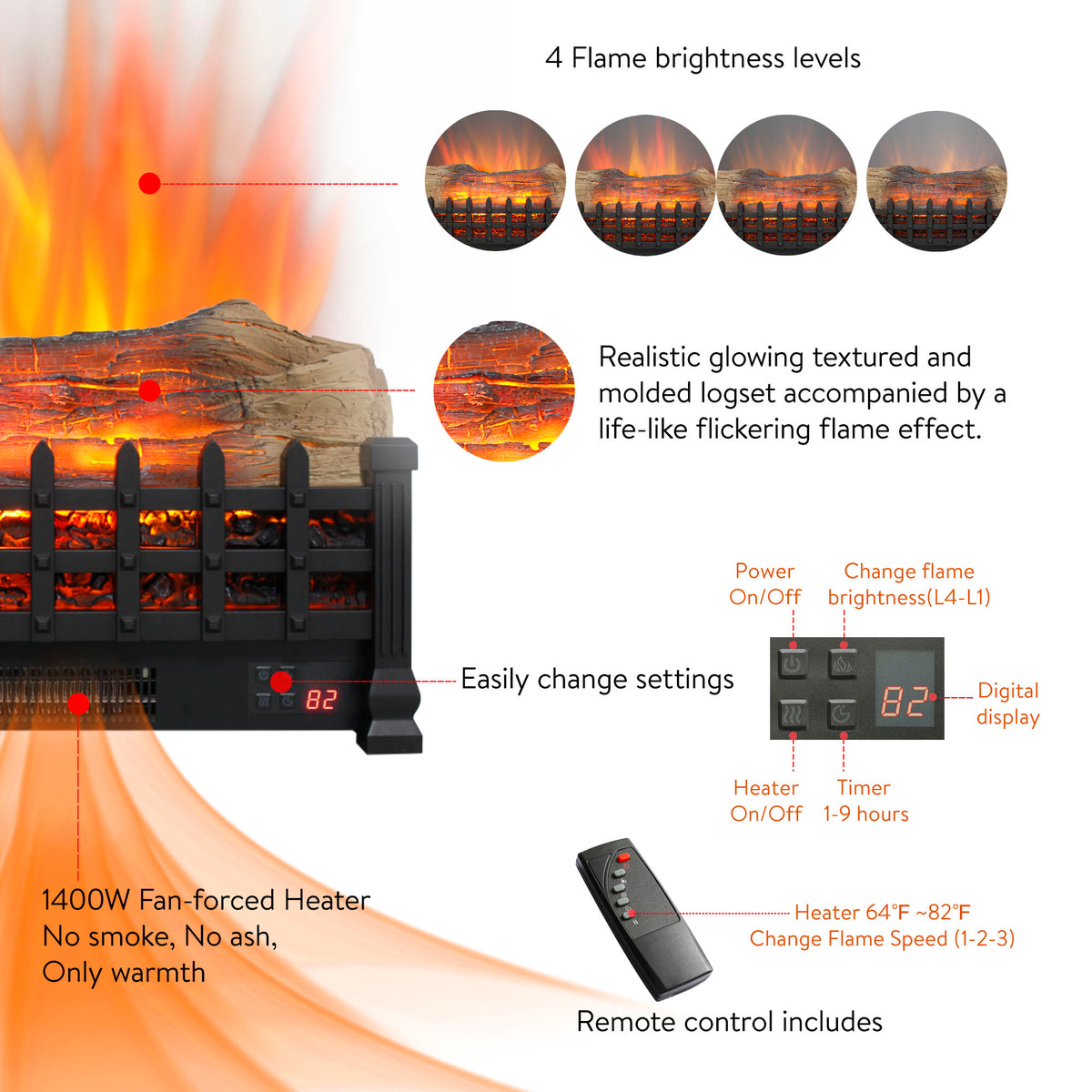 lectric Fireplace Log Set, Legahome 20" Electric Fireplace Logs Inserts Heater with Remote Control, Realistic Fake Fire, Adjustable Flame and Timer, CSA Certified