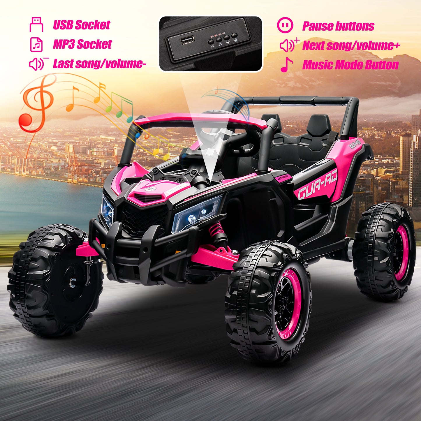 Powered Ride on Toy UTV for Boys, 24 Volt Ride on Cars with Remote Control, Bluetooth, Music Player, Spring Suspension, LED Lights, Larger Seat 4 Wheeler Electric Cars for Kids Girls Gifts, Pink