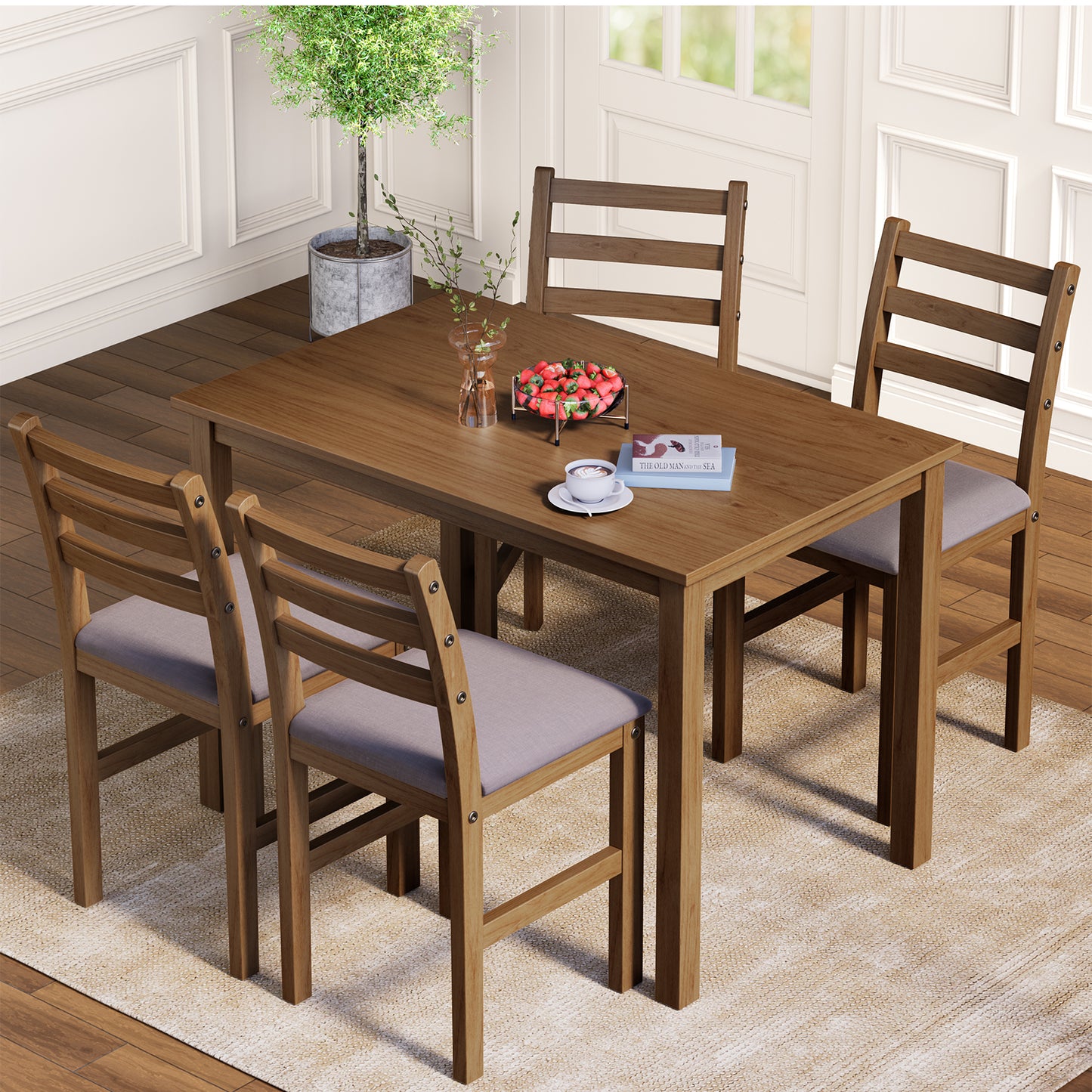 5 Piece Dining Room Set, Farmhouse Rubber Wood Dining Table Set for 4, Kitchen Table Set for Breakfast Nook, Modern Kitchen Furniture with Rectangular Table & 4 Chairs, Antique Oak