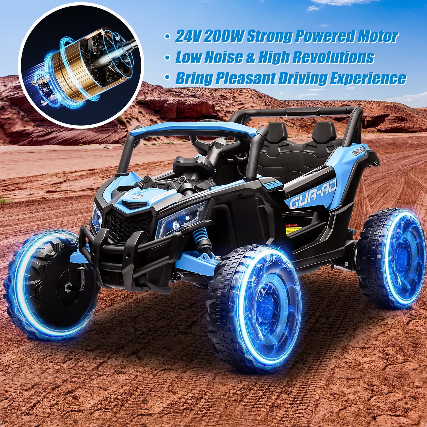 Powered Ride on Toy UTV for Boys, 24 Volt Ride on Cars with Remote Control, Bluetooth, Music Player, Spring Suspension, LED Lights, Larger Seat 4 Wheeler Electric Cars for Kids Girls Gifts, Blue