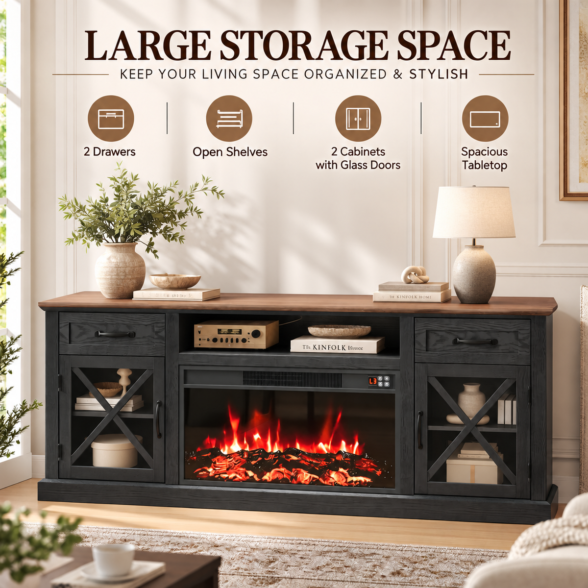 Fireplace TV Stand, LEGAHOME 70in TV Stand with 30in Fireplace for 80 inch TVs, Farmhouse Entertainment Center for Living Room, 500Sqt Heating Area, Black