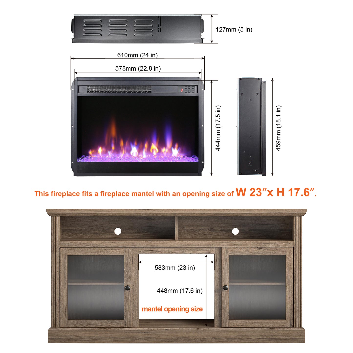 23''Electric Fireplace Insert, Legahome Recessed Electric Fireplace Heater with Remote Control, Fireplace Insert Electric Heater with Crystal & Side light, Realistic Flame, Overheat Protection