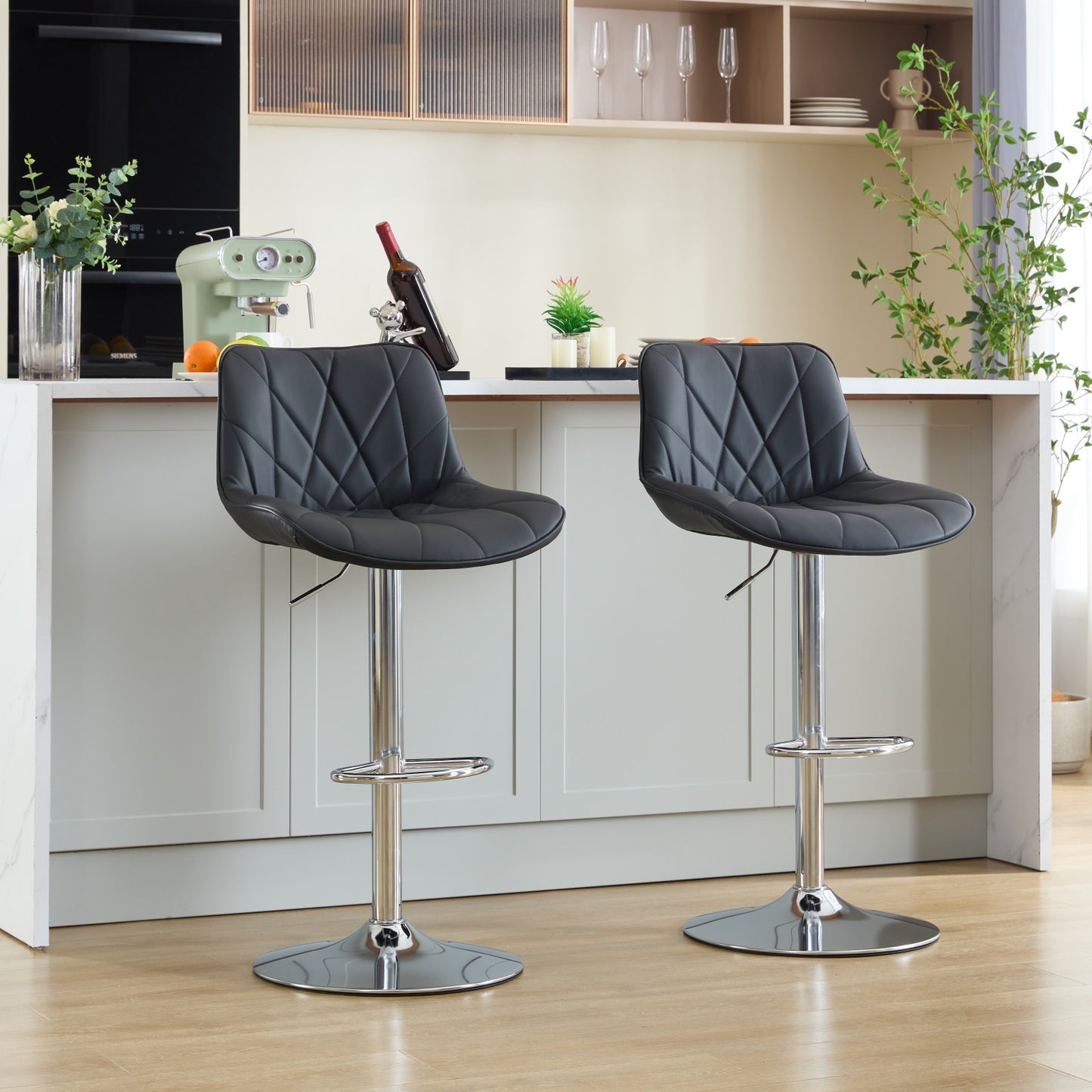 Modern Bar Height Bar Stools Set of 2, Adjustable PU Swivel Bar Chairs with Backrest and Chrome Base, Upholstered Counter Stools for Kitchen Island, Gray