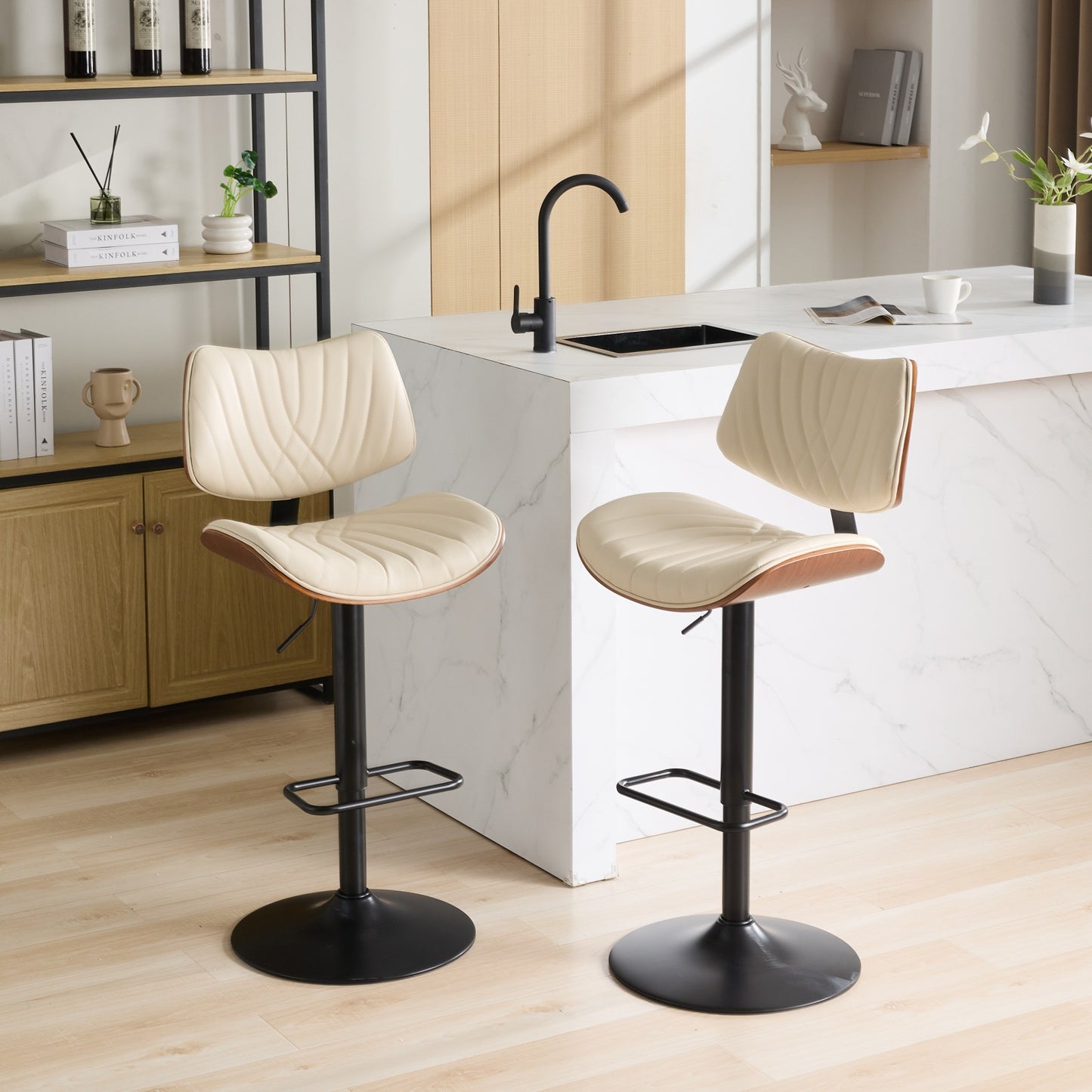 Modern Upholstered Bar Stool, Walnut Adjustable Counter Height Barstool with Back, Armless 360°Swivel Pub Stool with Footrest, Beige