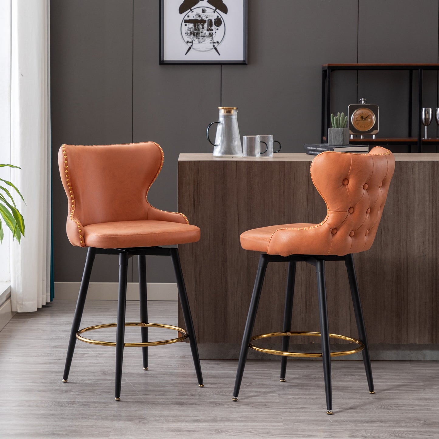 Counter Height Bar Stools Set of 2, Velvet Upholstered Bar Chairs with Nailheads & Gold Tipped Black Metal Legs, Beige