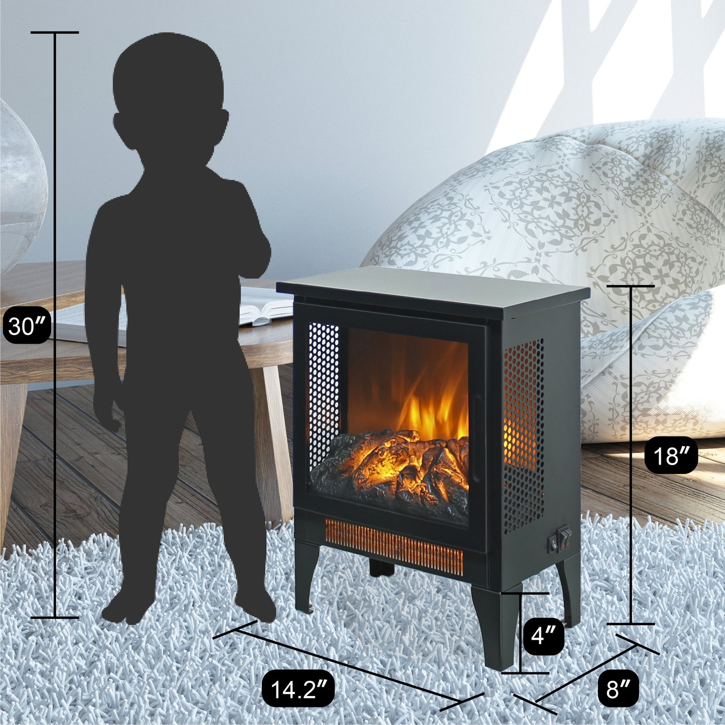 Electric Fireplace Stove Heater, Legahome 16'' Freestanding Fireplace Heater, 3D Realistic Flame Effects, Adjustable Brightness and Heating Mode, Overheat Protection, CSA Certified